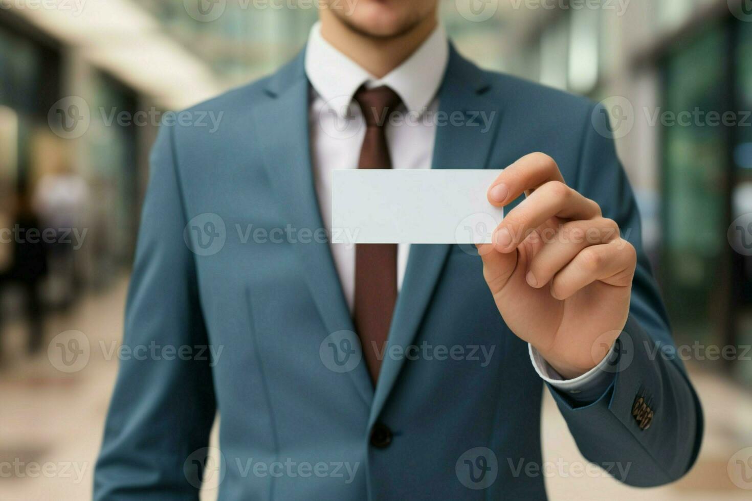 AI generated Professionalism in focus Hands in a suit presenting a business card mockup AI Generated photo