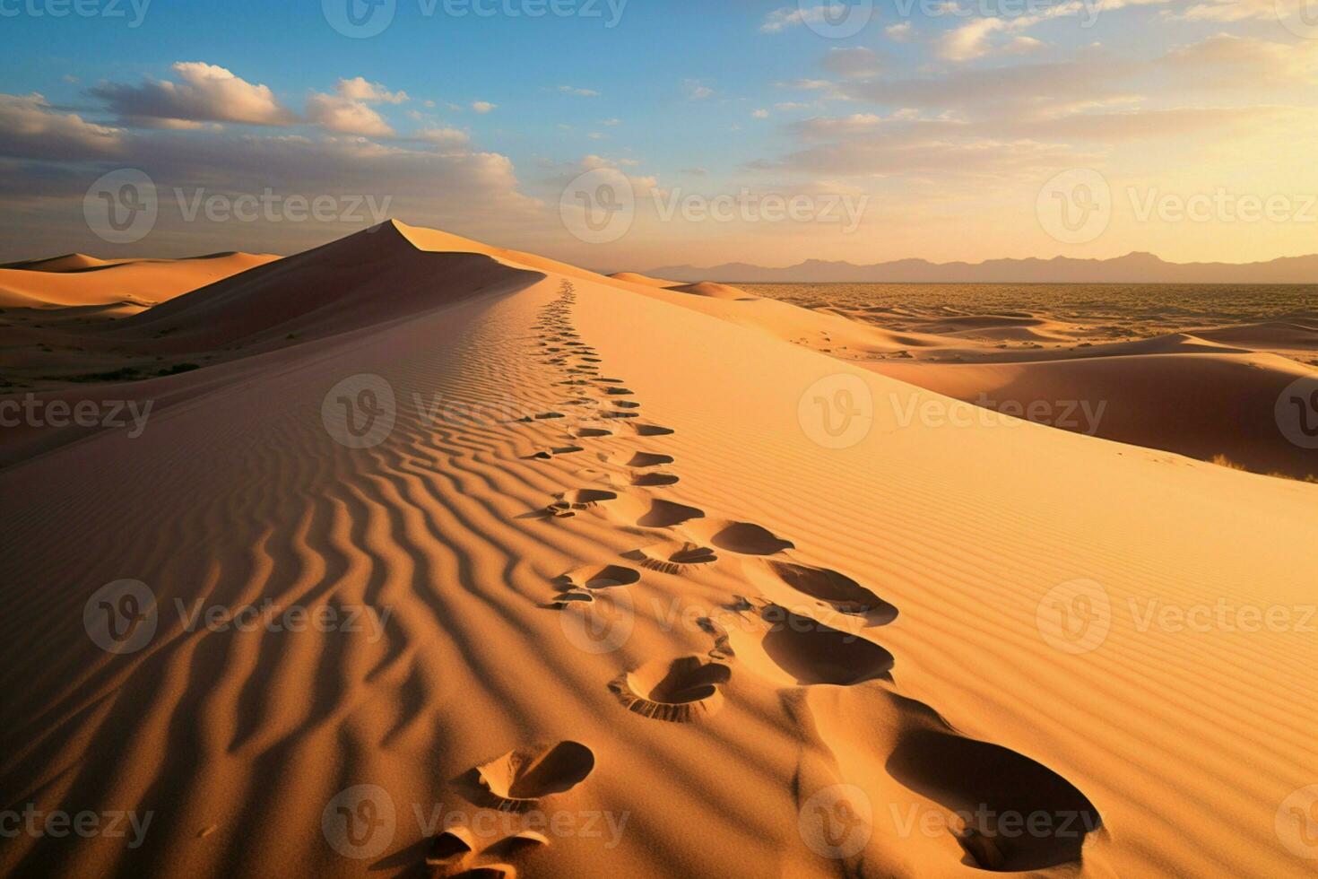 AI generated Footprints tell tales natures imprints on a tranquil sand dune photo