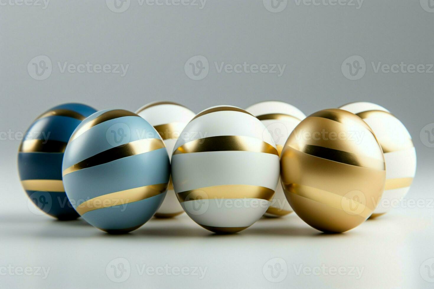 AI generated Minimalistic elegance white and gold Easter eggs, flat lay photo