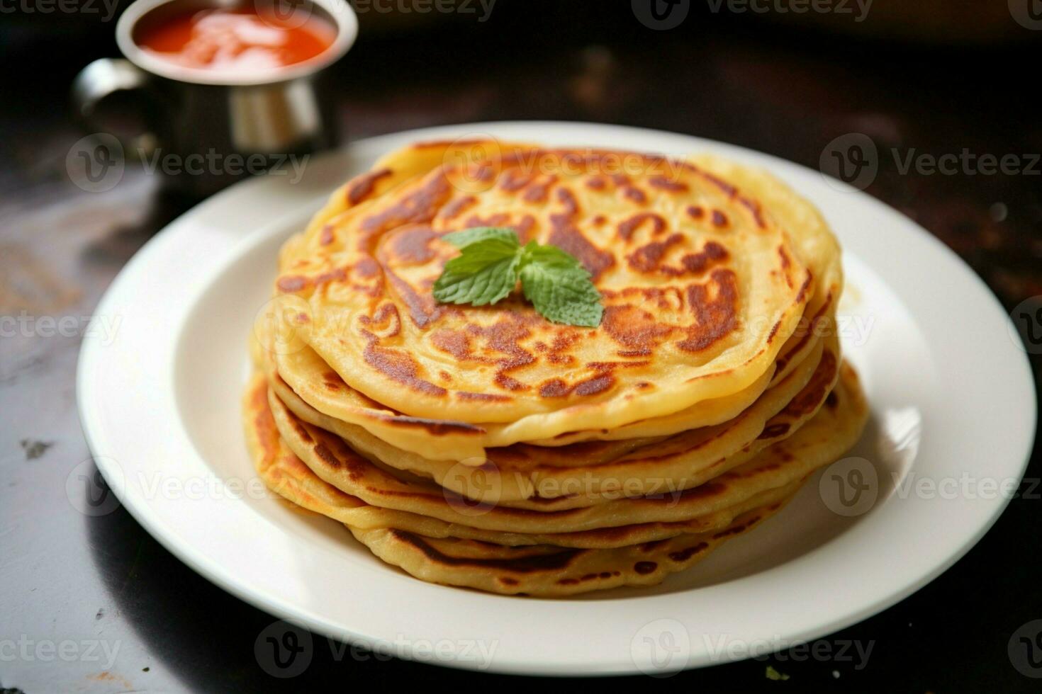 ai generado delicioso Mañana parata, canaí, o Roti maría en un plato foto