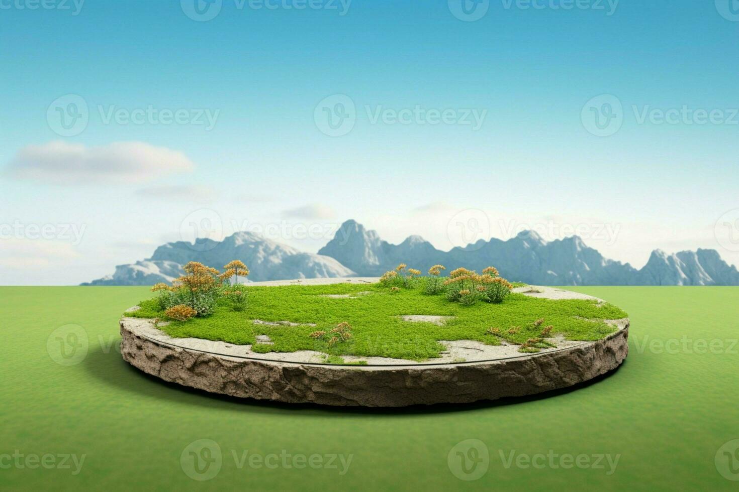 AI generated Meadow inspired 3D rendering with a circular podium on soil photo