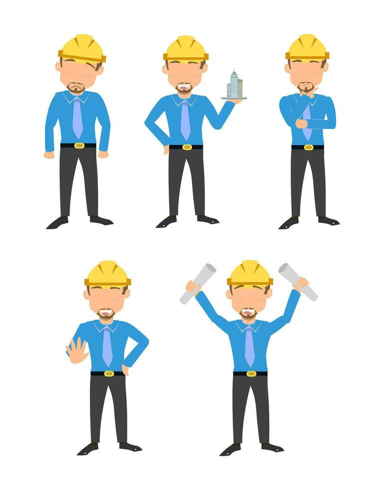 Teamwork in Action - Worker Uniform Vector Set Featuring Blue Tees and Yellow Helmets - 6 Images Ideal for Occupational Safety and Team Collaboration Designs