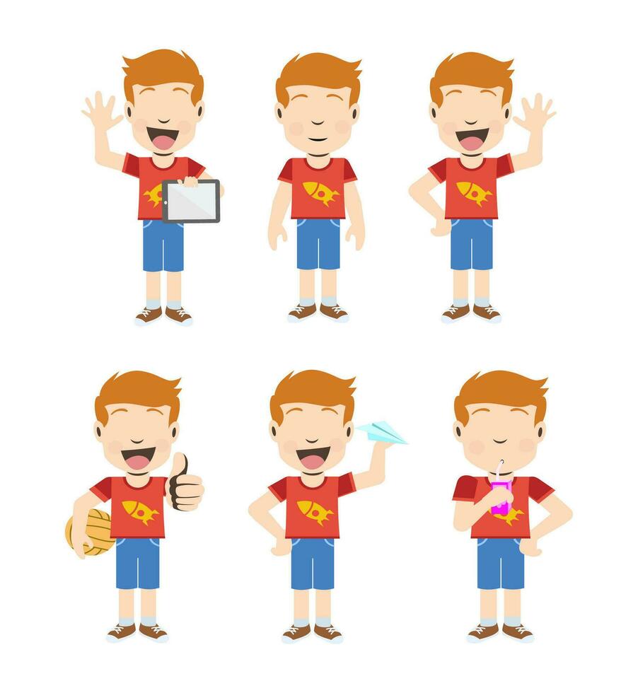 Playful Children's Cartoons A series of six lively images showcasing a cartoon kid adorned in a vibrant red t-shirt and blue trousers, engaged in various playful activities. vector