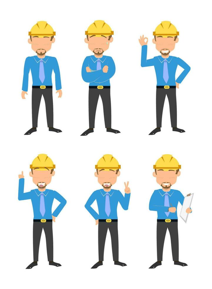 la seguridad en azul profesional trabajadores vector conjunto con amarillo cascos 6 6 imágenes para construcción y industrial escenas