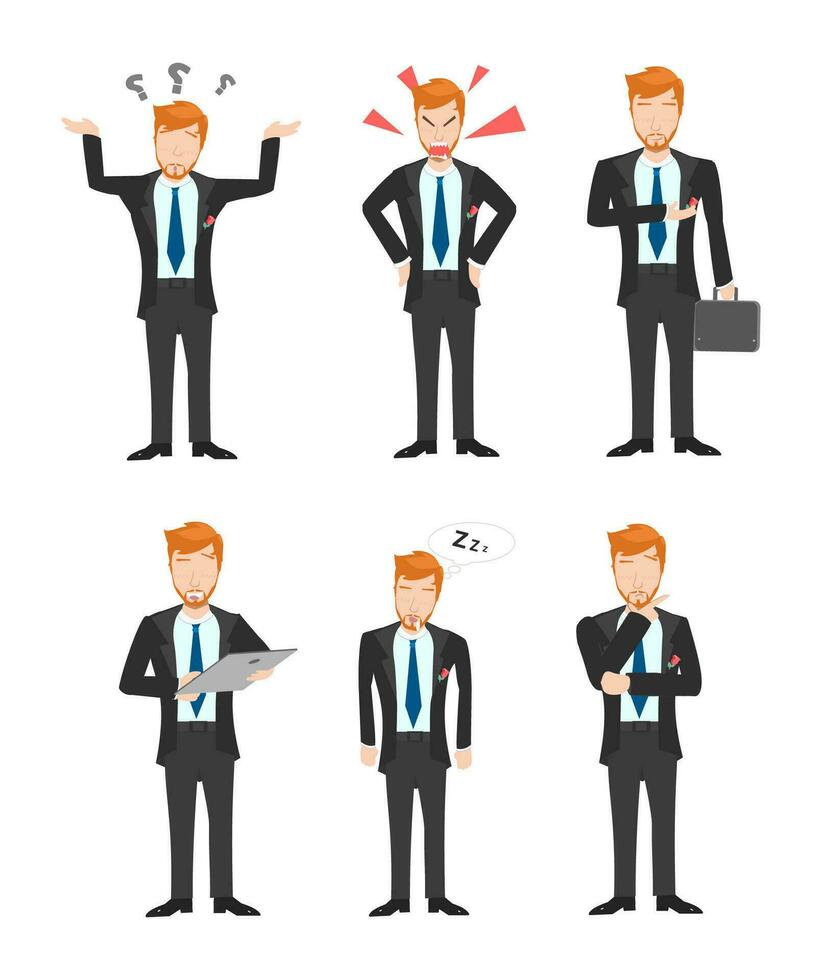 Compilation of Businessperson Cartoon Characters in Vector format, showcasing an array of poses and gestures for versatile usage.
