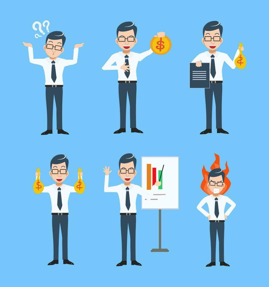 A collection of Vector Illustrations presenting Businessperson Cartoon Characters with diverse poses and gestures, adding a touch of personality to your projects.