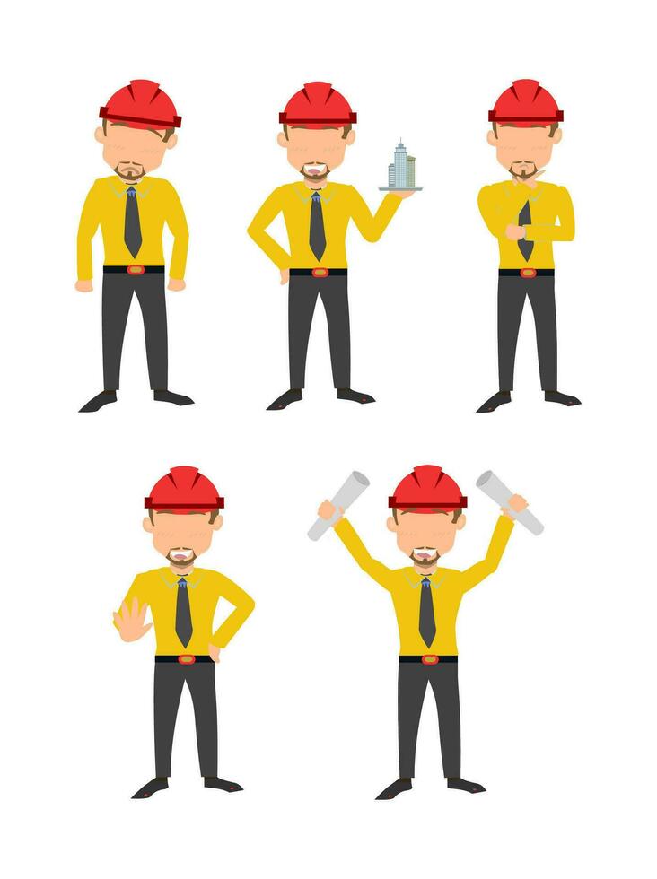 Construction Crew Collection - Vibrant Yellow T-Shirts and Red Hardhats Vector Bundle - 6-Pack for Engineering Projects and Building Illustrations