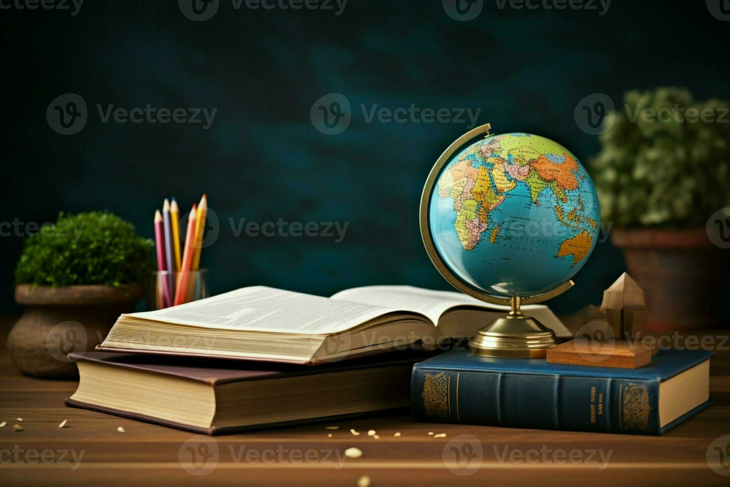 AI generated Knowledge worldwide Earth globe paired with a stack of books AI Generated photo