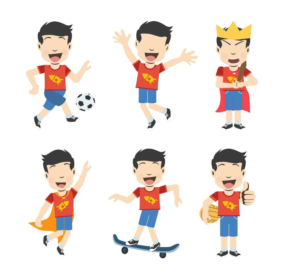 Boy Character Set Six minimalistic illustrations showcasing a children's cartoon character sporting a red t-shirt and blue pants for a casual and playful look. vector