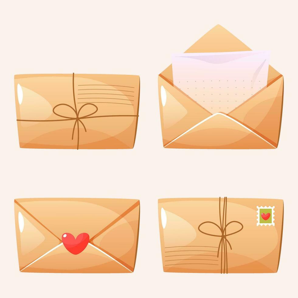 un conjunto de diferente sobres, un abierto sobre con un carta, un cerrado y atado sobre, un sobre con un corazón sello, sobres con gastos de envío sellos Kraft papel sobres vector