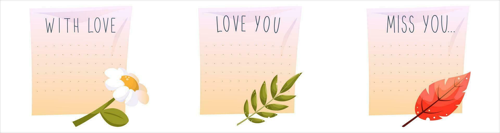 Love letter sheet, set of letters with different inscriptions for Valentine's day and dried flowers, leaves, flowers. Empty space for text. vector