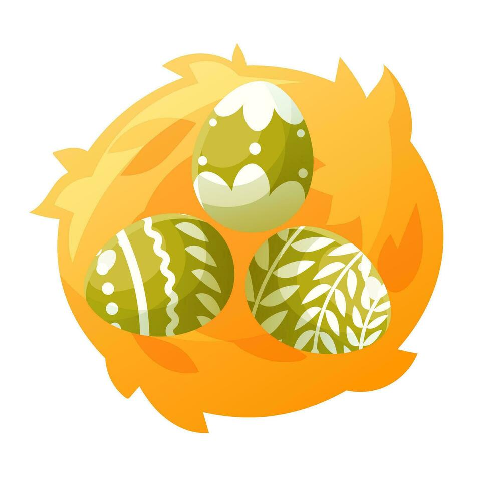 Three Easter green eggs with patterns in a nest made of straw, top view. Cartoon nest with painted eggs on a white background. Vector illustration. Template for design on an Easter theme.