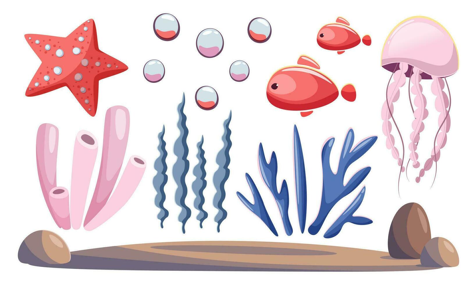 Set with sea animals and plants in cartoon style. Vector clipart on a marine theme. Starfish, fish, jellyfish, corals, algae and seabed with stones on a white background. Marine design elements