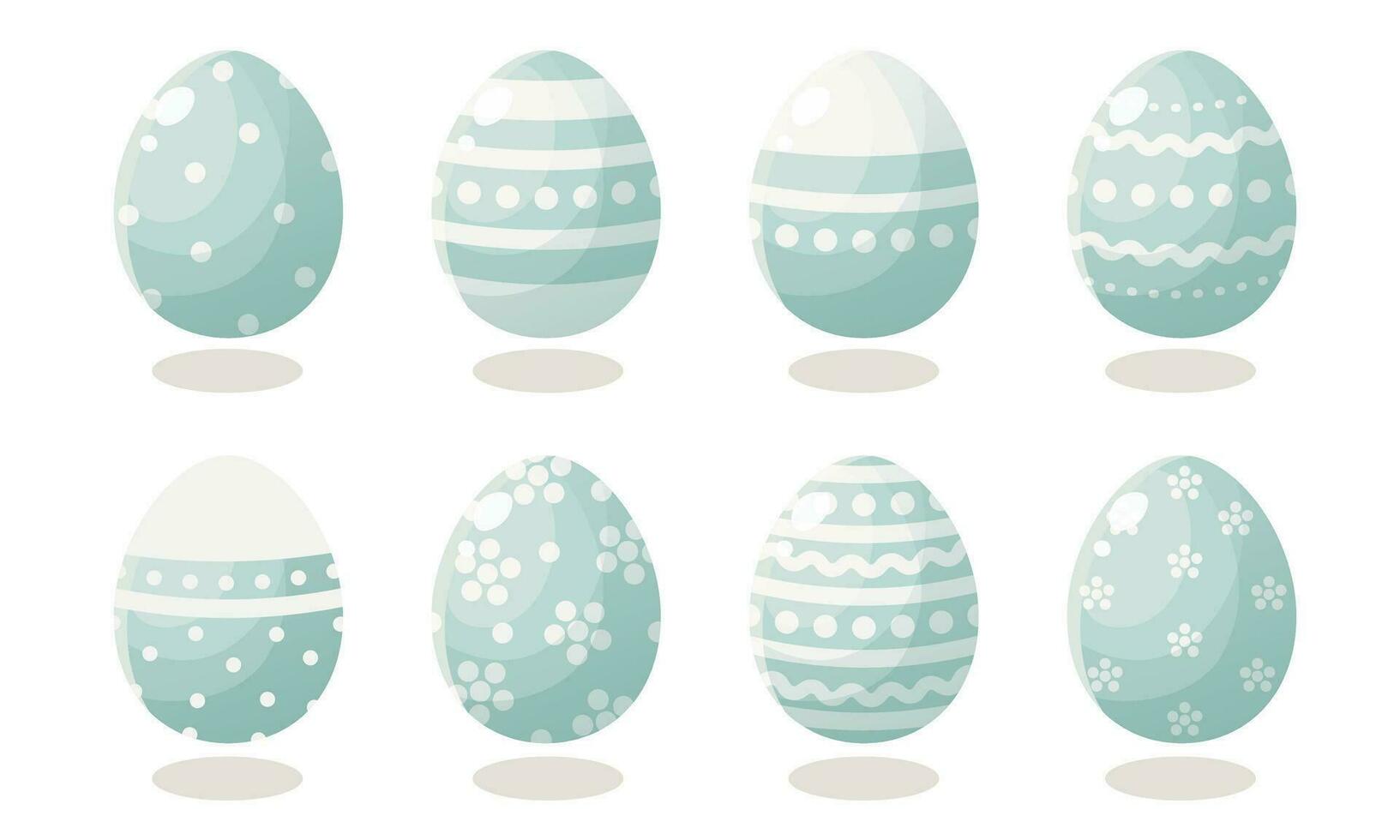 A set of blue Easter eggs with different patterns. Vector illustration on a white background. Happy easter. Spring holiday. Collection of decorative Easter symbol. Spring colorful chocolate egg.