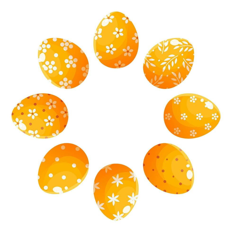 Round ornament, wreath of painted yellow Easter eggs. Round frame with empty space for text. Composition on white background for greeting cards, posters, banners, invitations and social media posts vector