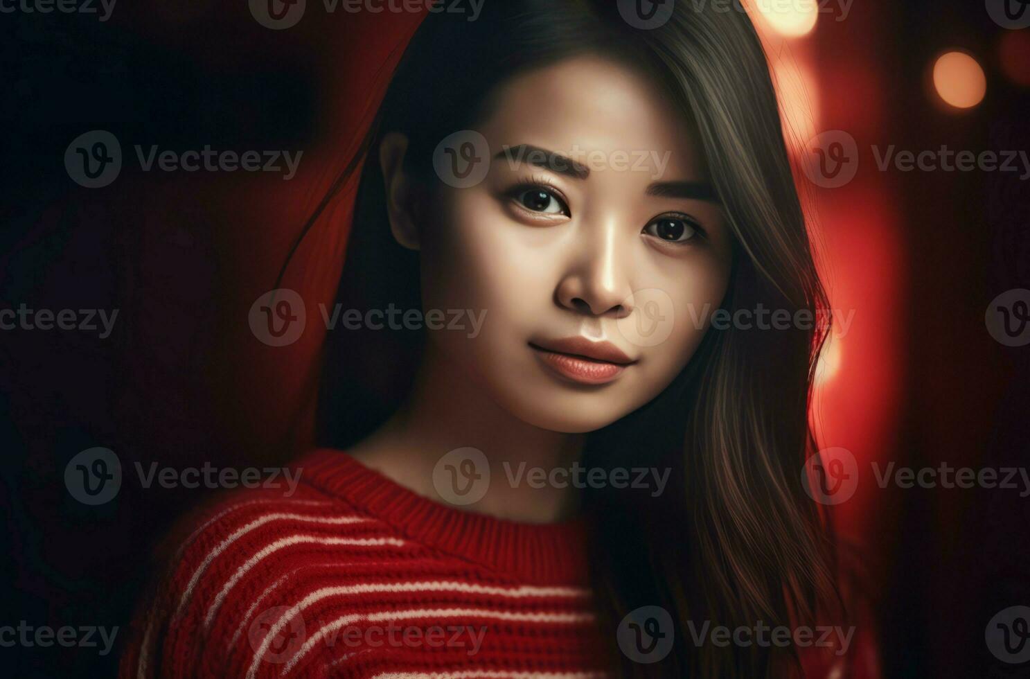AI generated Cute Chinese girl wearing red striped sweater. Generate ai photo