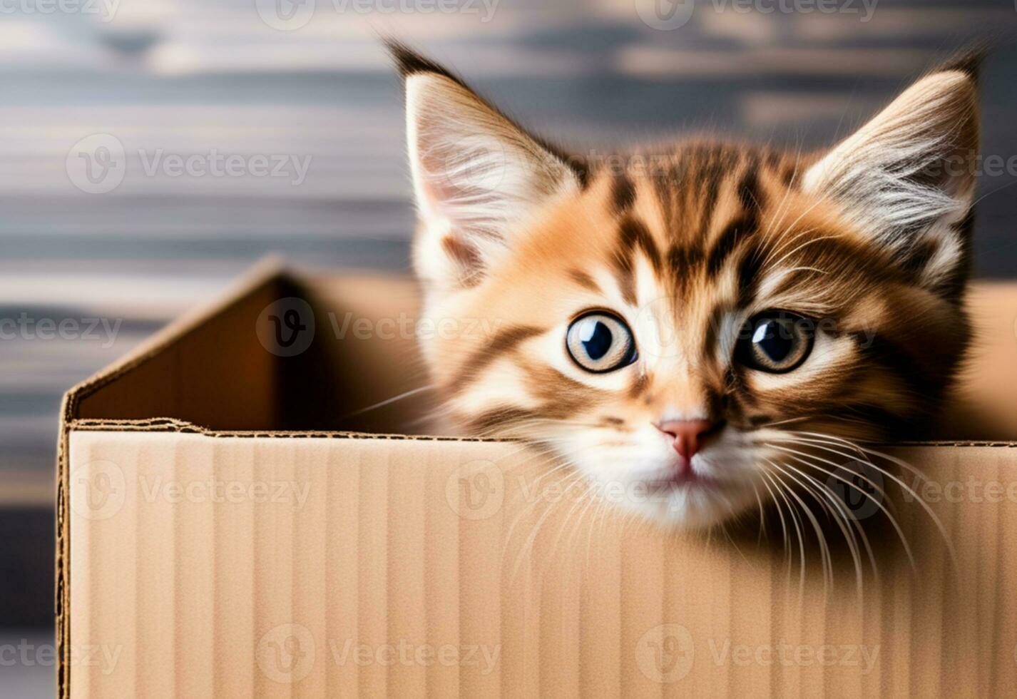 AI generated Kitten head peeking over brown cardboard box. Little tabby cat curiously peeking out from behind box. Front view, copy space. photo