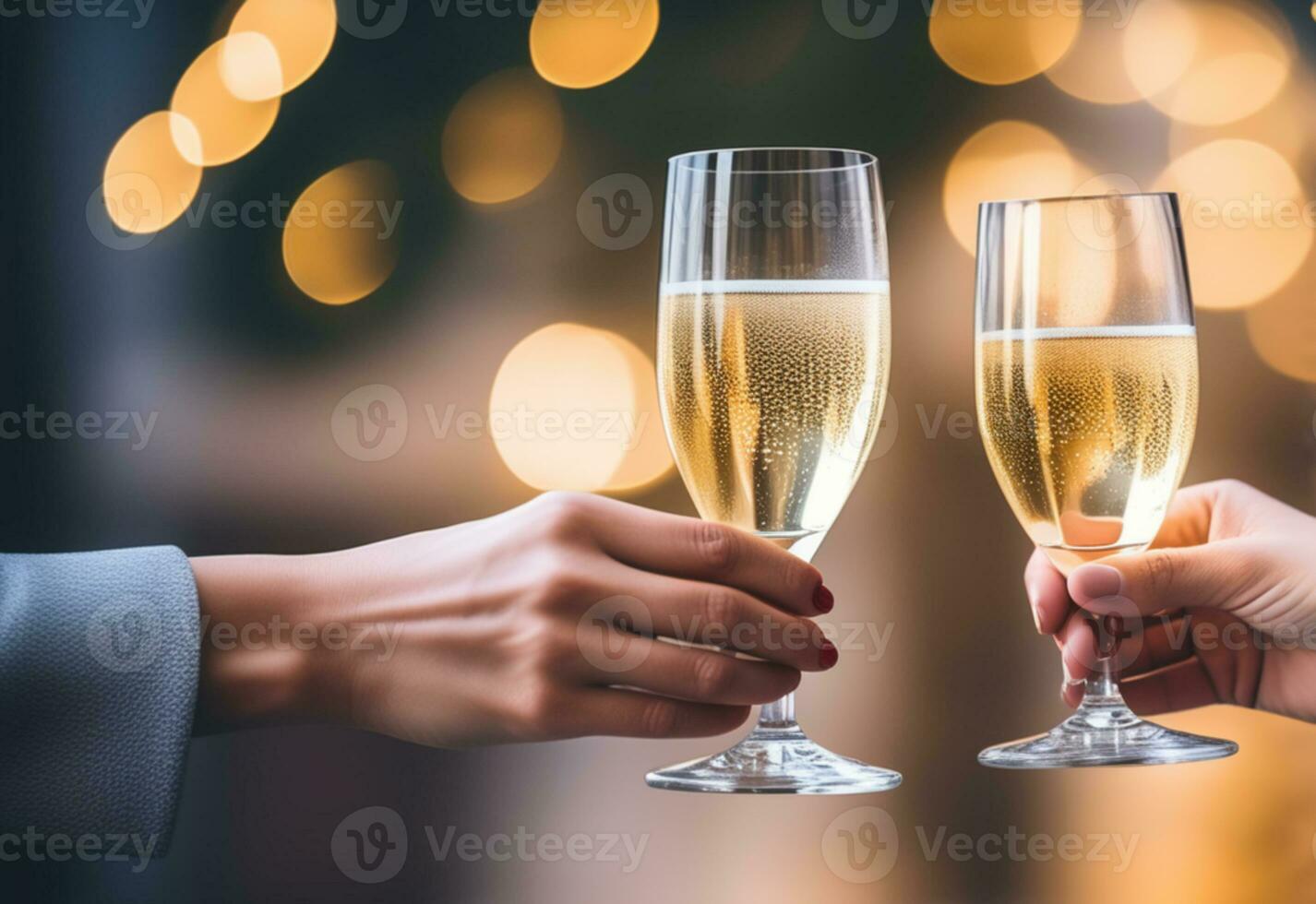 AI generated Couple drinking glasses of champagne on blurred background with golden bokeh and Christmas tree, Christmas concept. photo