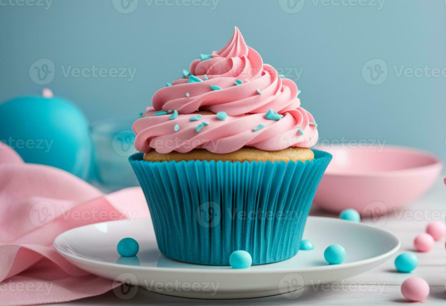 AI generated Cupcake with pink and blue frosting gender reveal conception. Generative AI photo