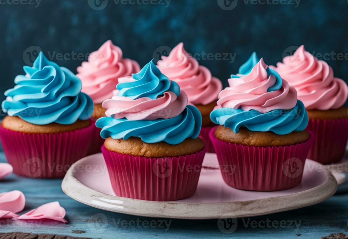 AI generated Cupcake with pink and blue frosting gender reveal conception. photo