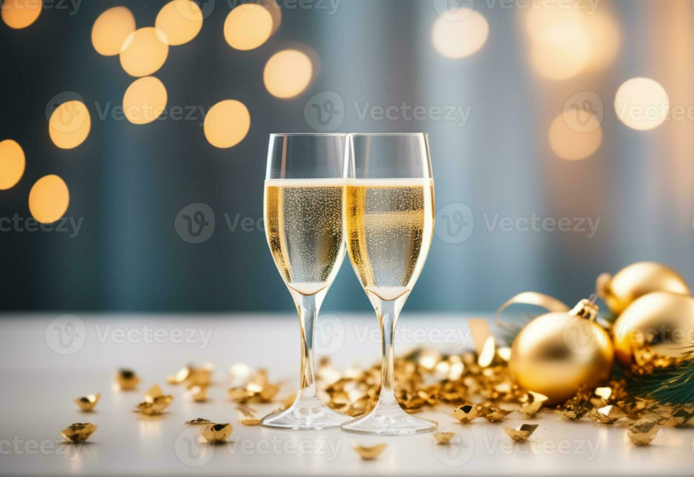 AI generated Two glasses of champagne on the table on blurred background with golden bokeh, Christmas concept. photo