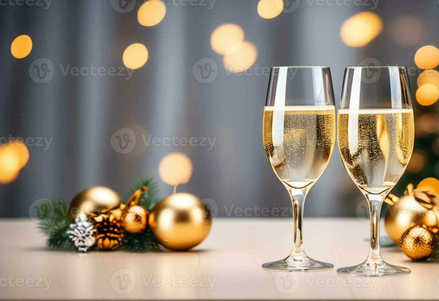 AI generated Two glasses of champagne on the table on blurred background with golden bokeh, Christmas concept. photo