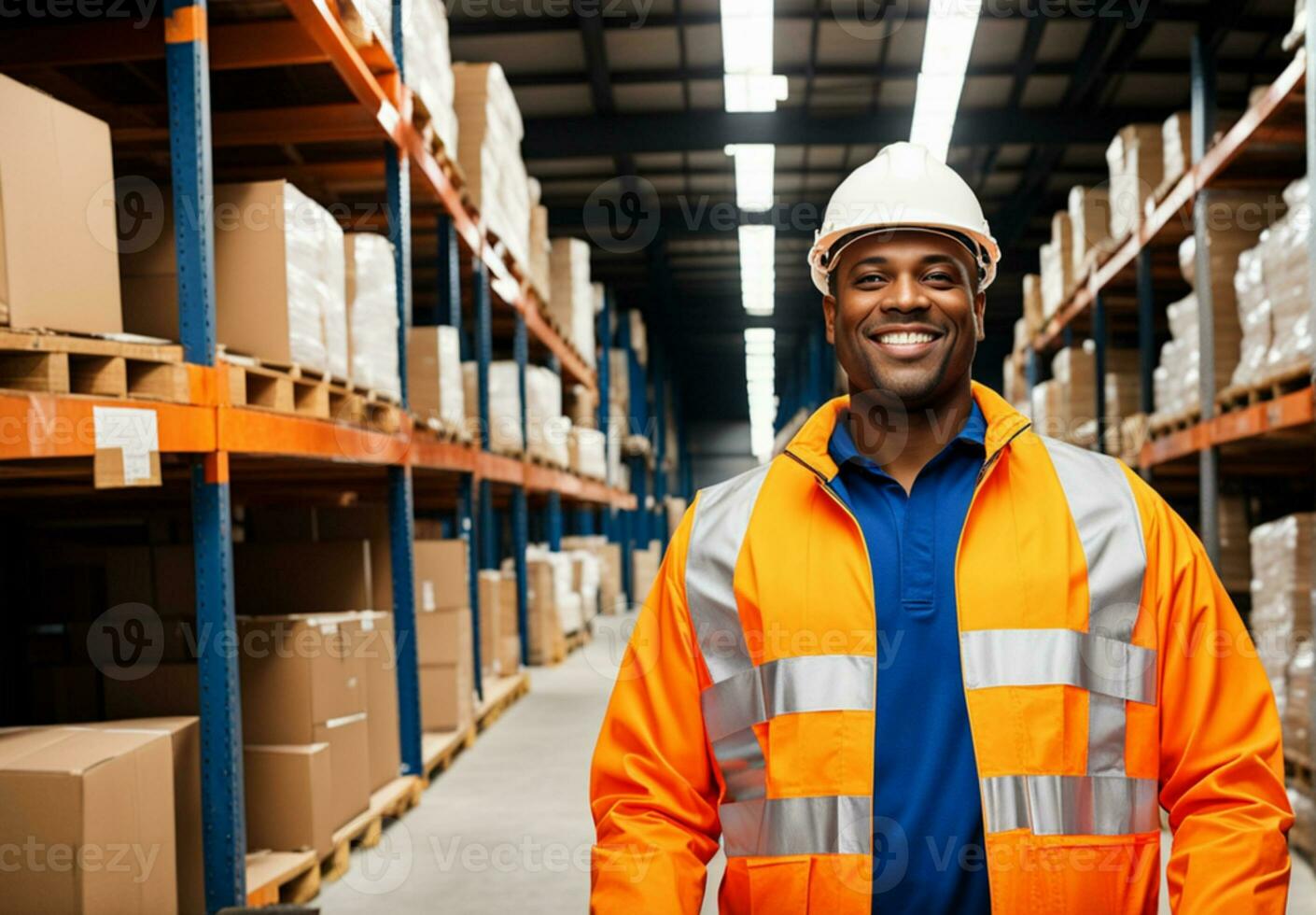 AI generated Portrait of a smiling young african american warehouse worker in a warehouse. photo