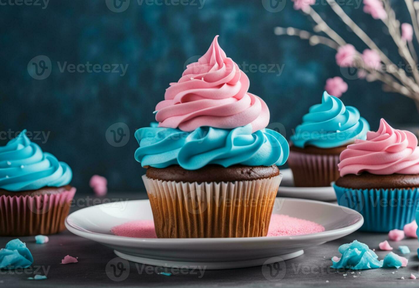 AI generated Cupcake with pink and blue frosting gender reveal conception. photo