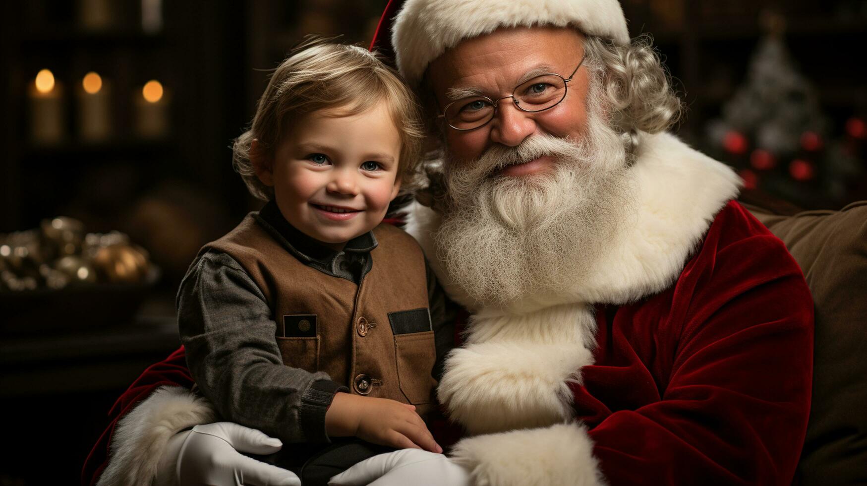 ai generado contento niño reunirse Papa Noel claus en Navidad foto