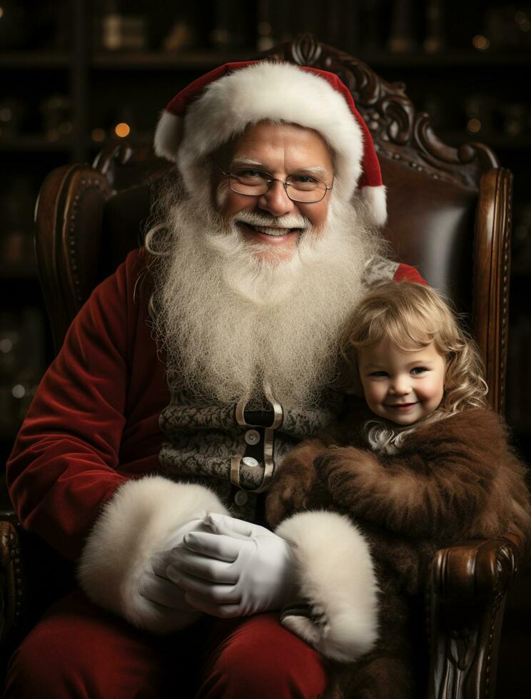 ai generado contento niño reunirse Papa Noel claus en Navidad foto