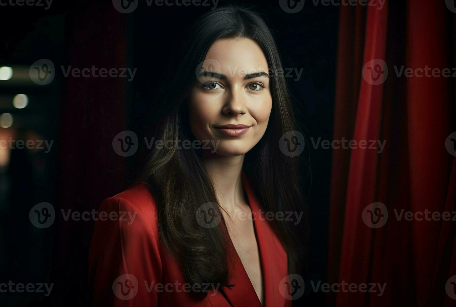 AI generated Beautiful brunette woman presenter on stage. Generate ai photo