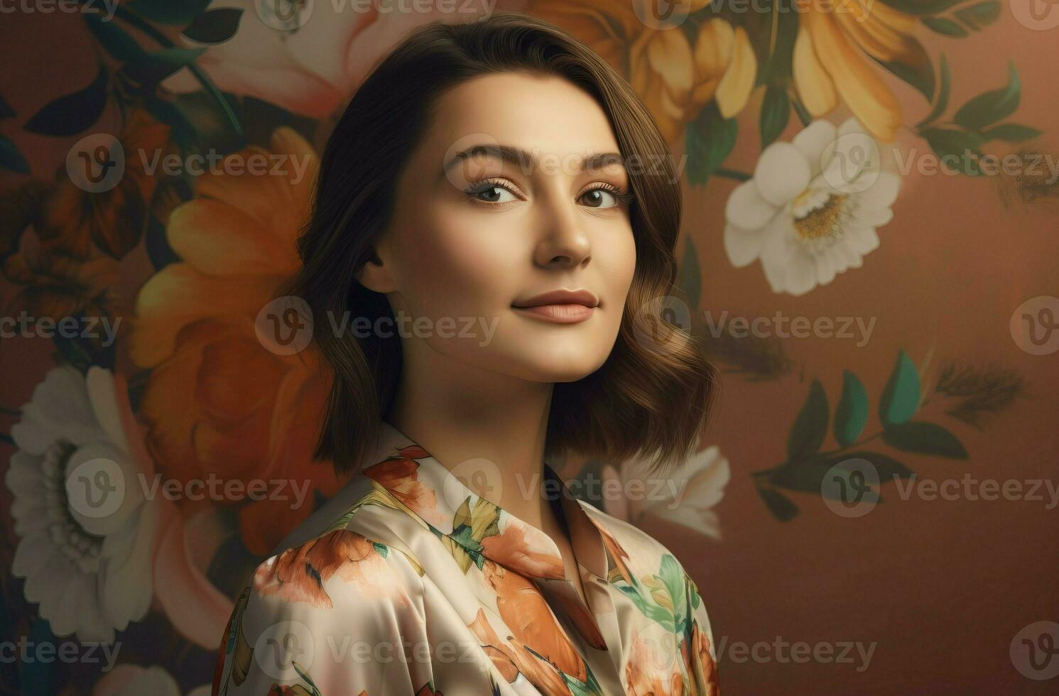 AI generated Beautiful Georgian girl portrait on floral background. Generate ai photo