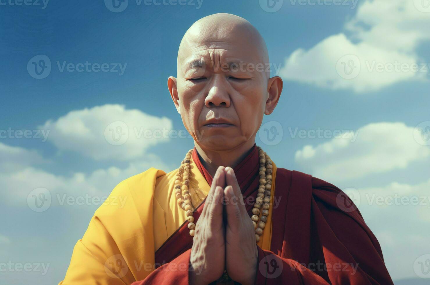 AI generated Chinese monk with clasped hands meditation. Generate ai photo