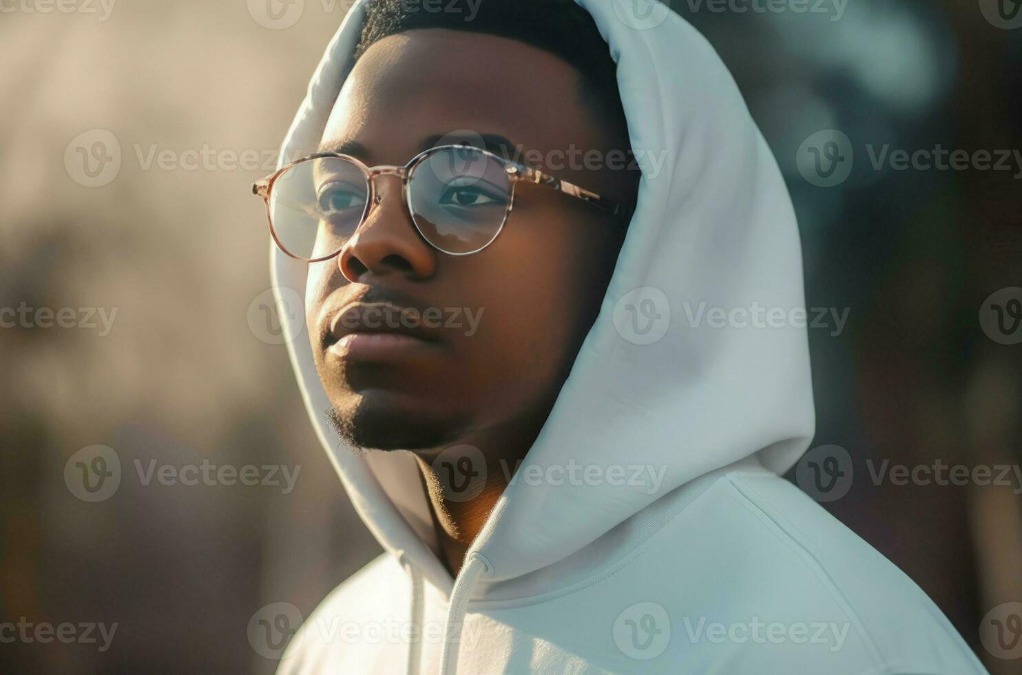 ai generado negro joven hombre con blanco capucha y los anteojos retrato. generar ai foto