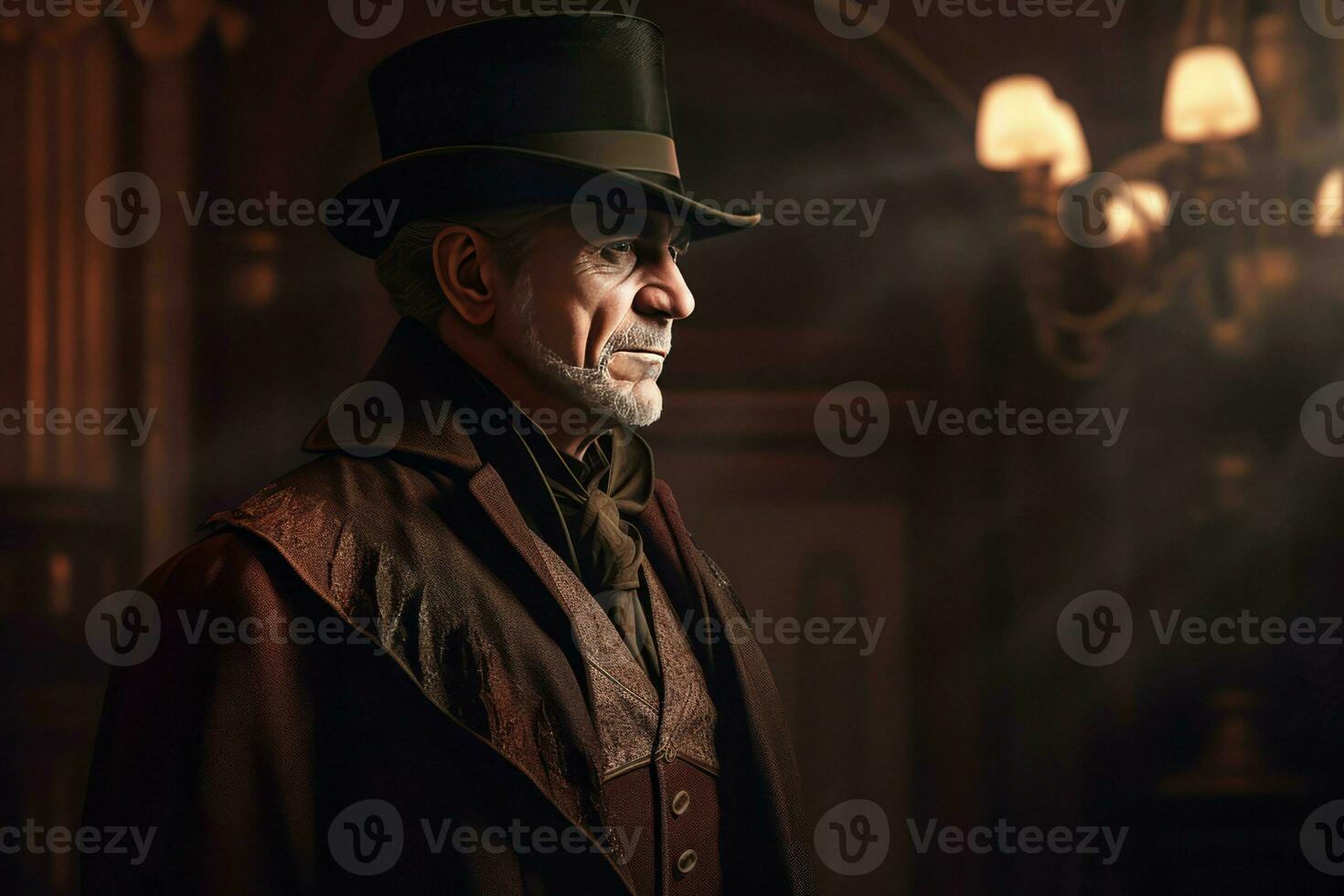 ai generado Envejecido medieval hombre vistiendo oscuro marrón vestido y sombrero. generar ai foto