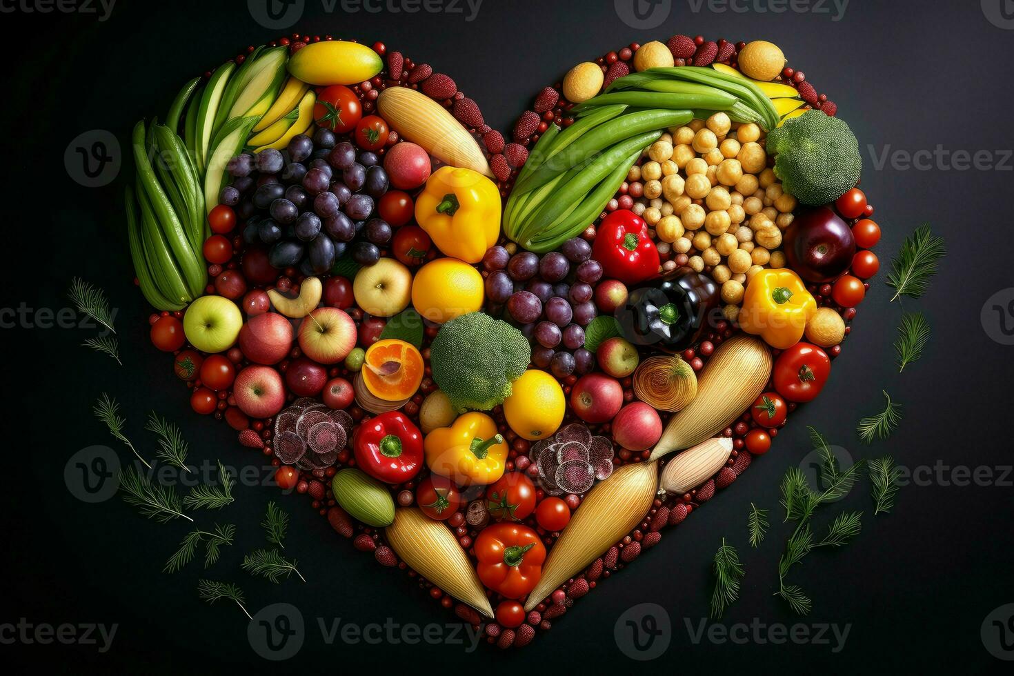 AI generated Nutritious Heart shaped fruits and vegetables. Generate Ai photo