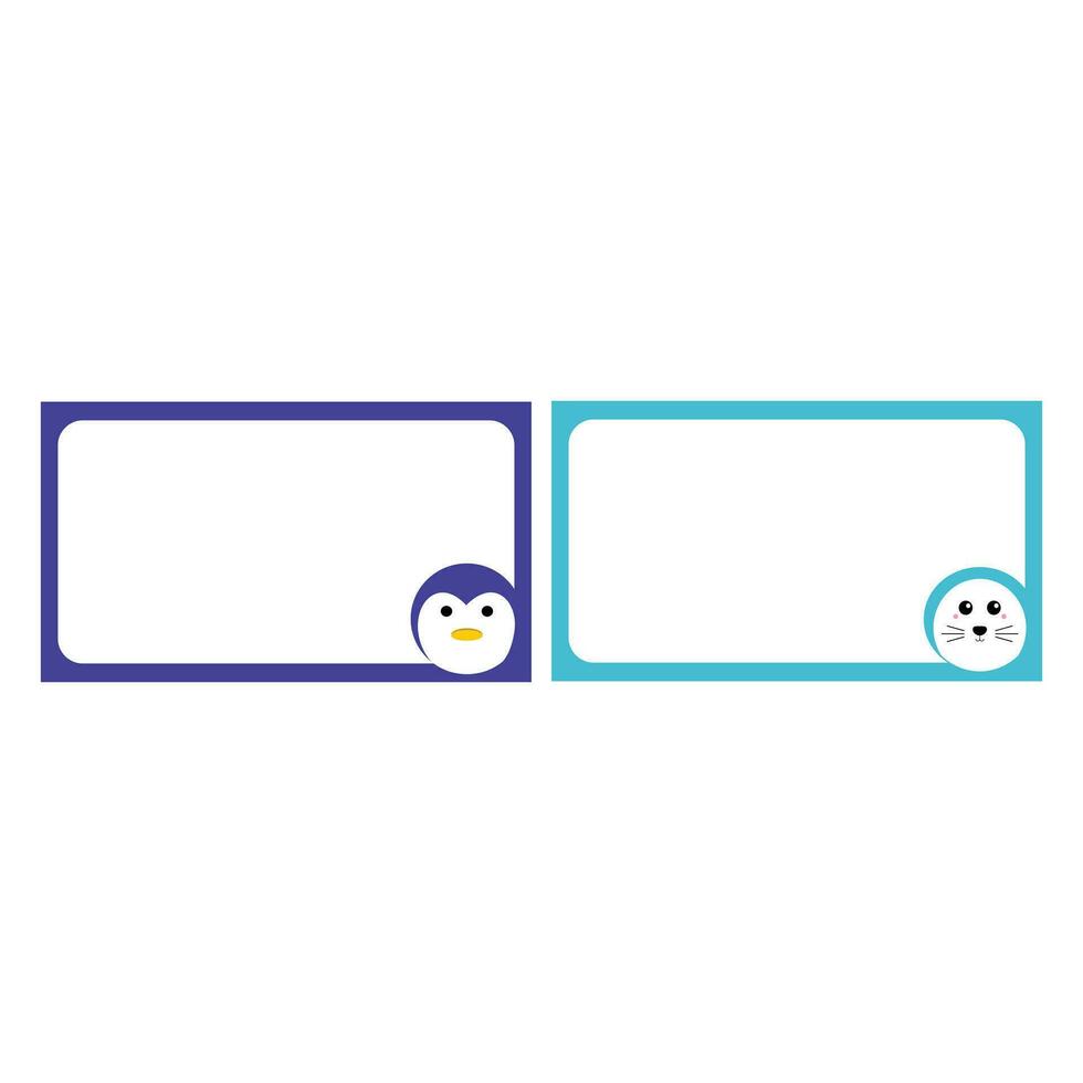 Set of two frames with penguin and smiley. Vector illustration. sticker labels to identify a book or our belongings. Cute sticker design for children that can be printed