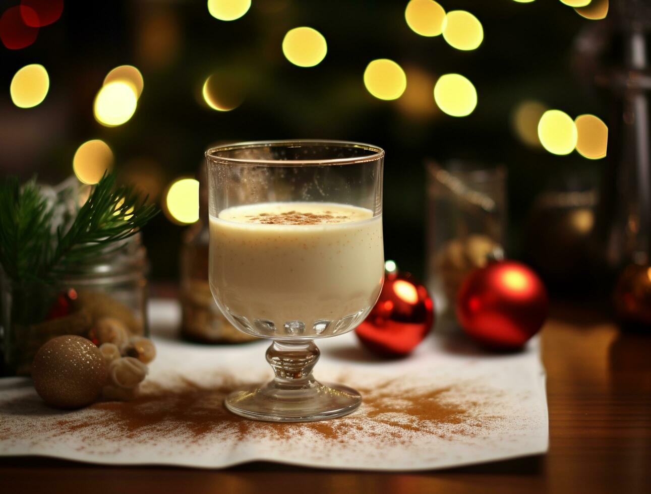 AI generated Christmas traditional drink Eggnog serve on the table photo