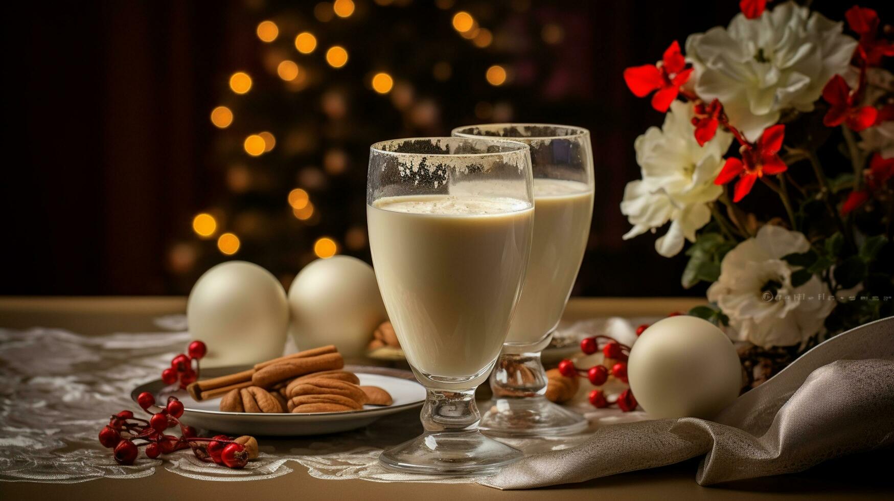 AI generated Christmas traditional drink Eggnog serve on the table photo