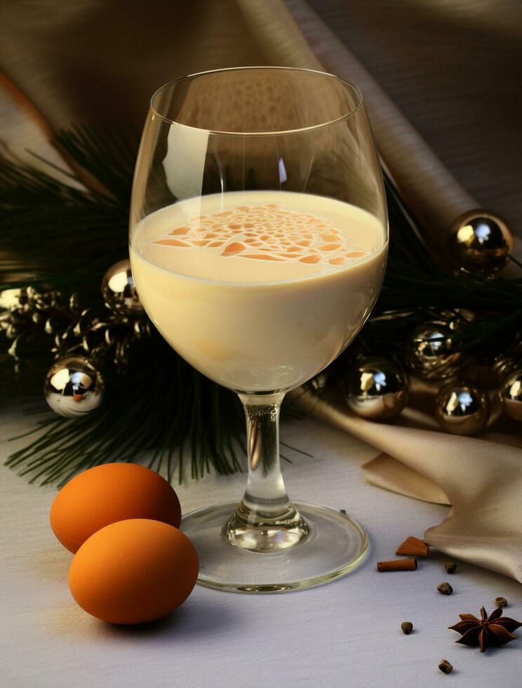 AI generated Christmas traditional drink Eggnog serve on the table photo