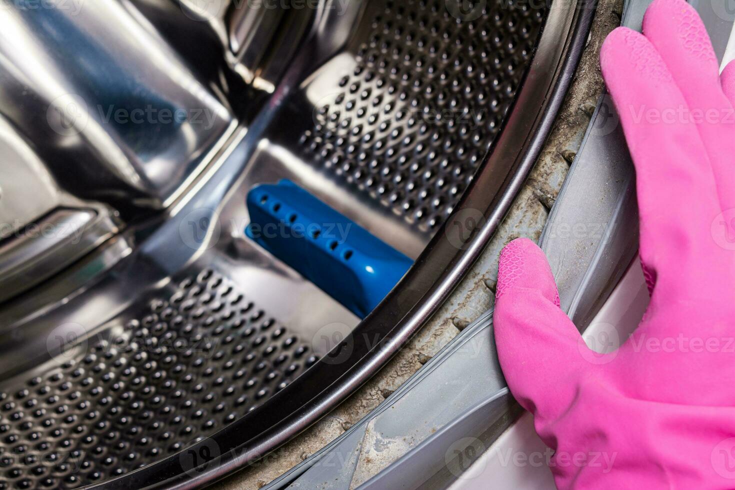 Dirty rubber gasket with mold and dirt on the washing machine. Washing machine service. Close up. Copy space. photo