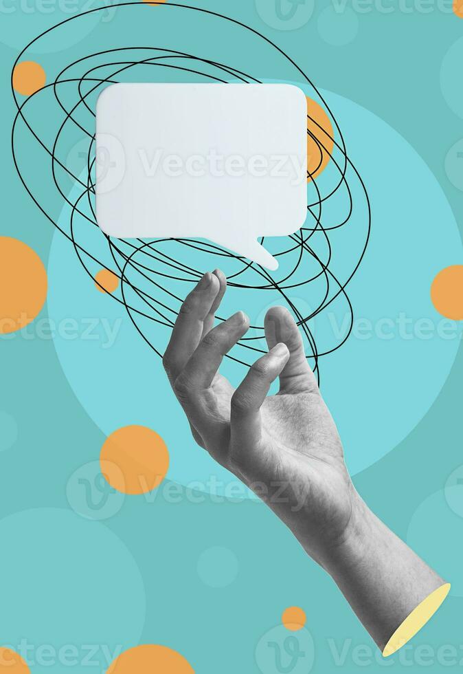 Black and white female hand and dialogue cloud on colorful background. Thought concept. Surreal art collage. photo