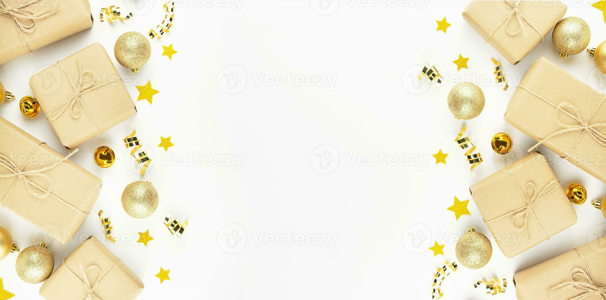 Christmas frame from gifts and New Year's toys on a white background. New year banner. Christmas composition. Flat lay, top view. Copy of space photo