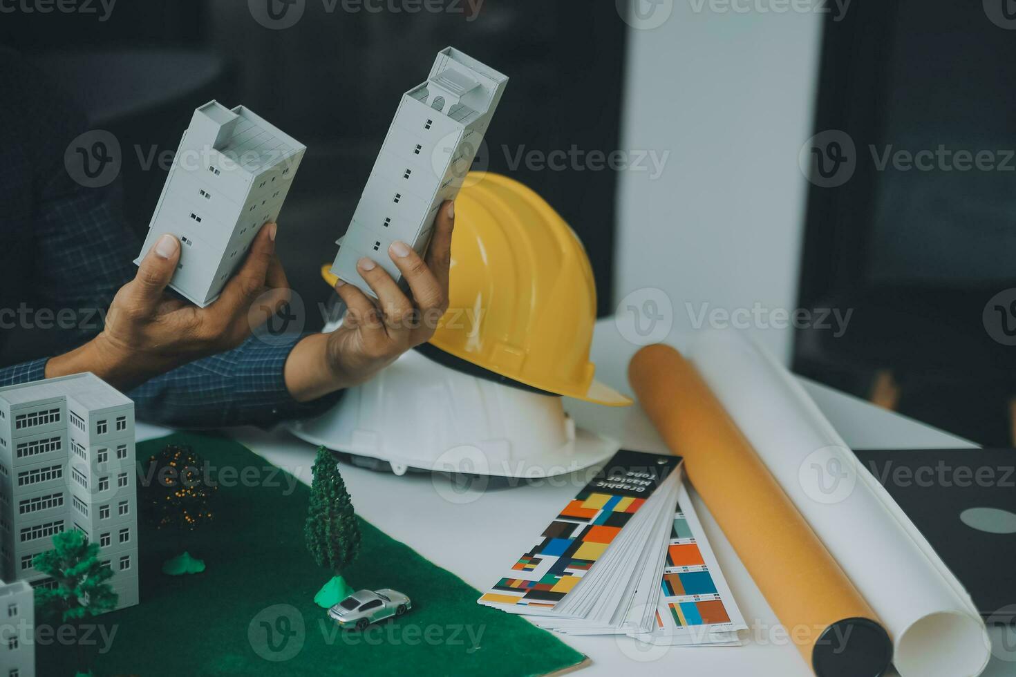 Construction and structure concept of Engineer or architect meeting for project working with partner and engineering tools on model building and blueprint in working site, contract for both companies. photo