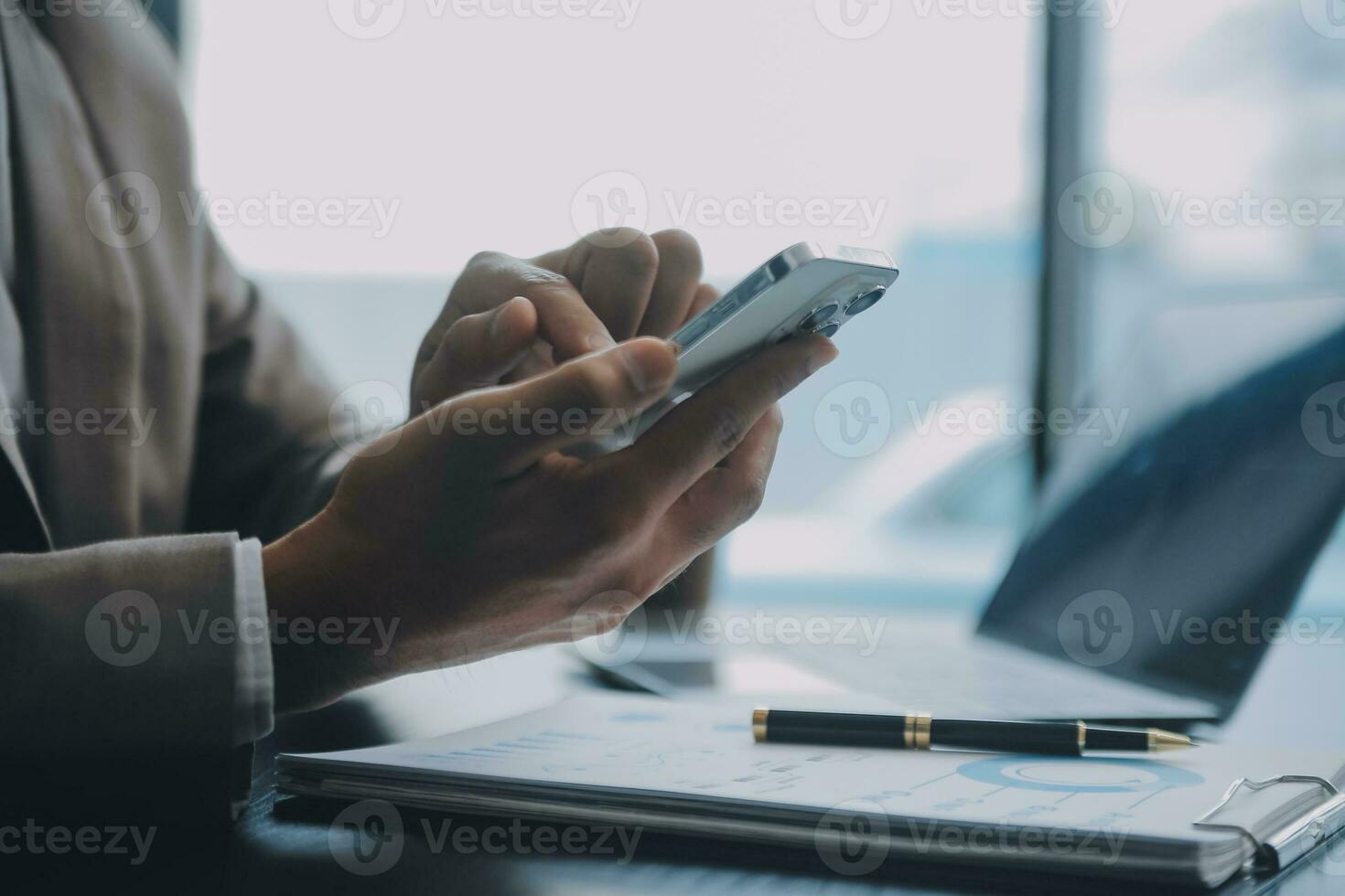 Audit concept,Administrator business man financial inspector and secretary making report calculating balance. Internal Revenue Service checking document. photo