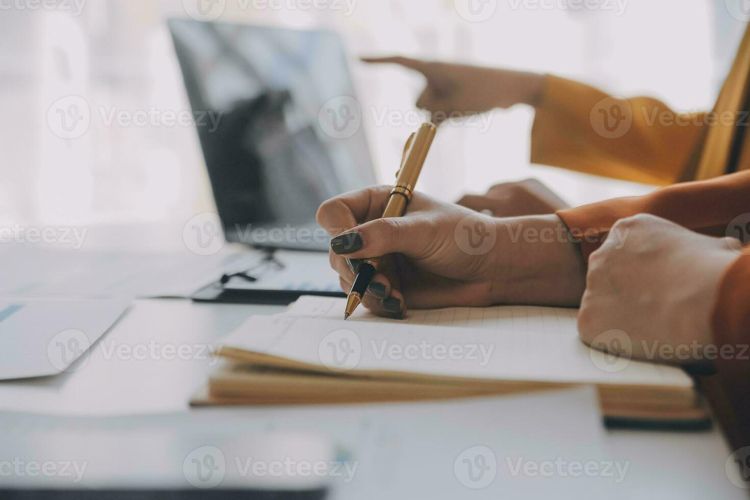 Team of business people working together in the meeting room office, teamwork background charts and graphs banner, double exposure successful teamwork,business planning concept. photo