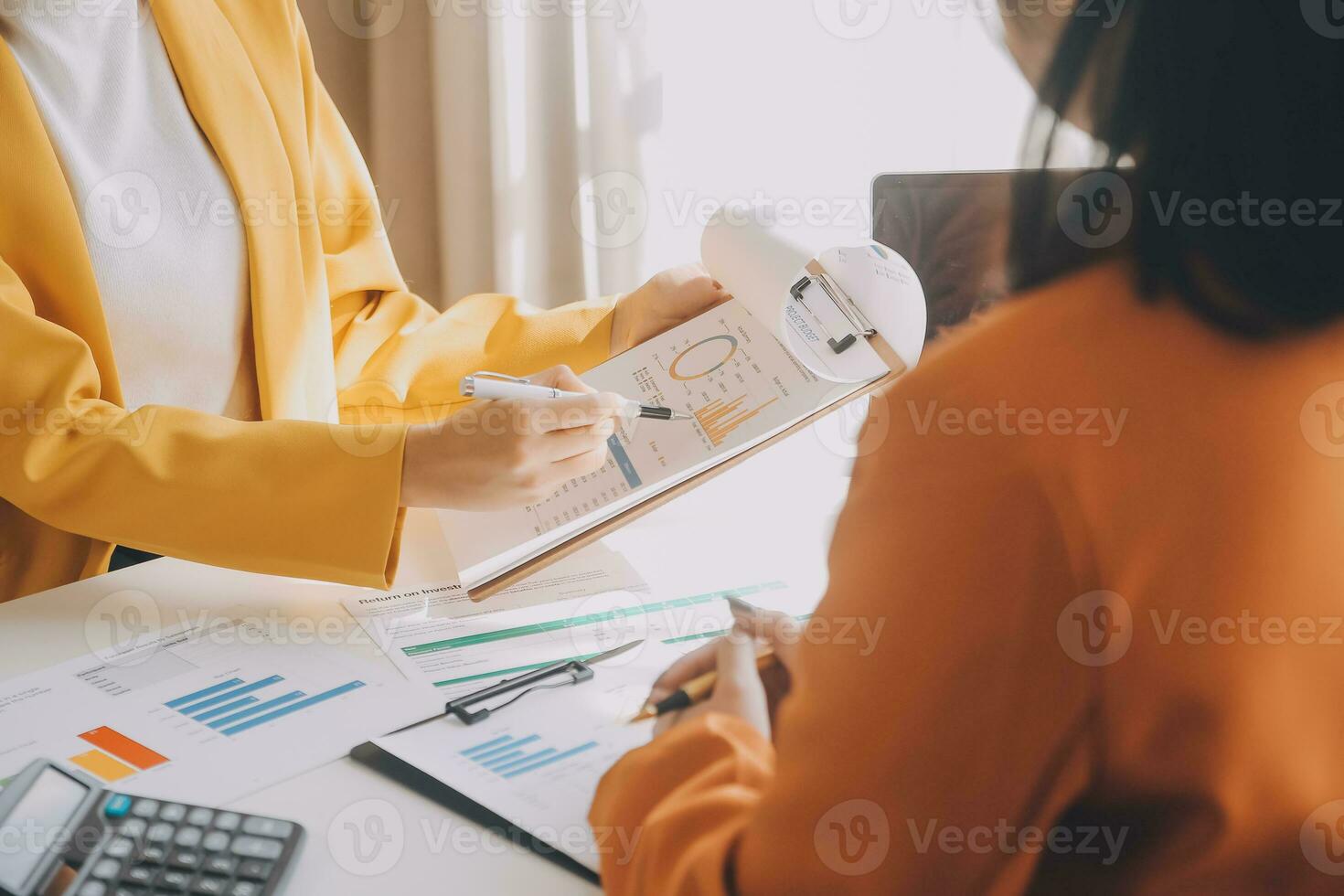 Team of business people working together in the meeting room office, teamwork background charts and graphs banner, double exposure successful teamwork,business planning concept. photo