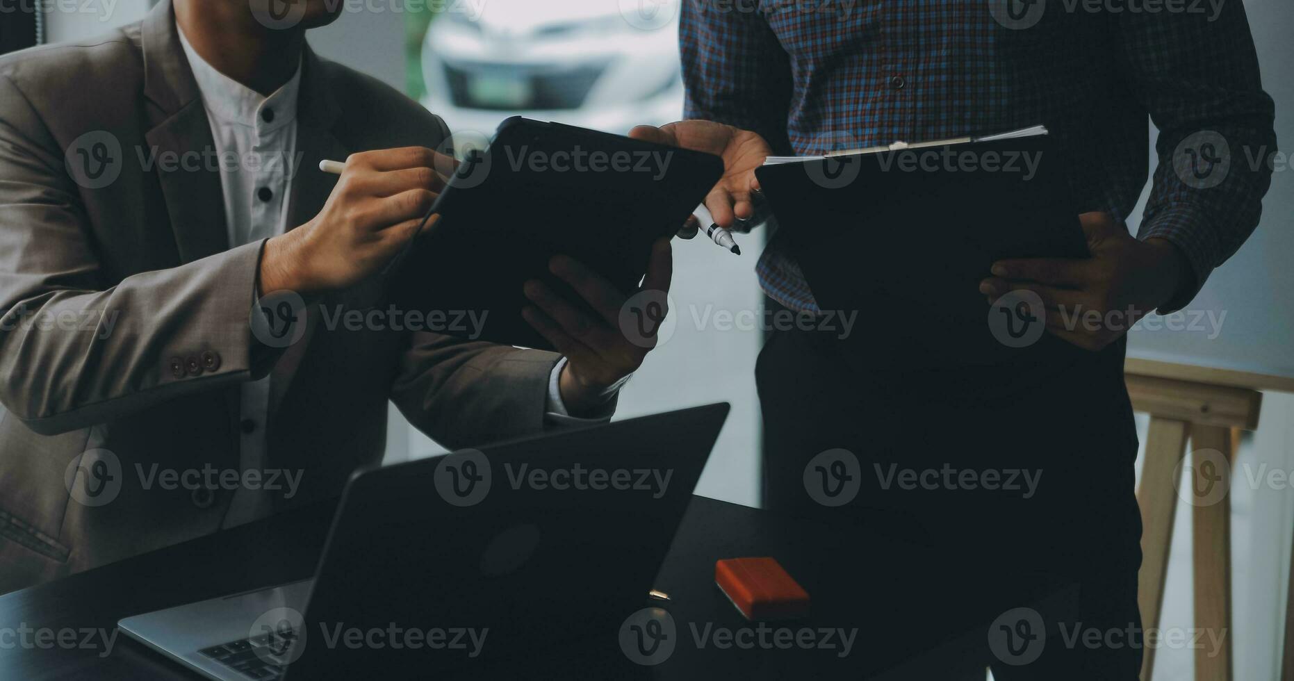 Audit concept,Administrator business man financial inspector and secretary making report calculating balance. Internal Revenue Service checking document. photo
