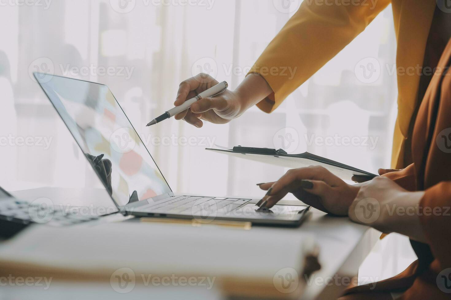 Team of business people working together in the meeting room office, teamwork background charts and graphs banner, double exposure successful teamwork,business planning concept. photo