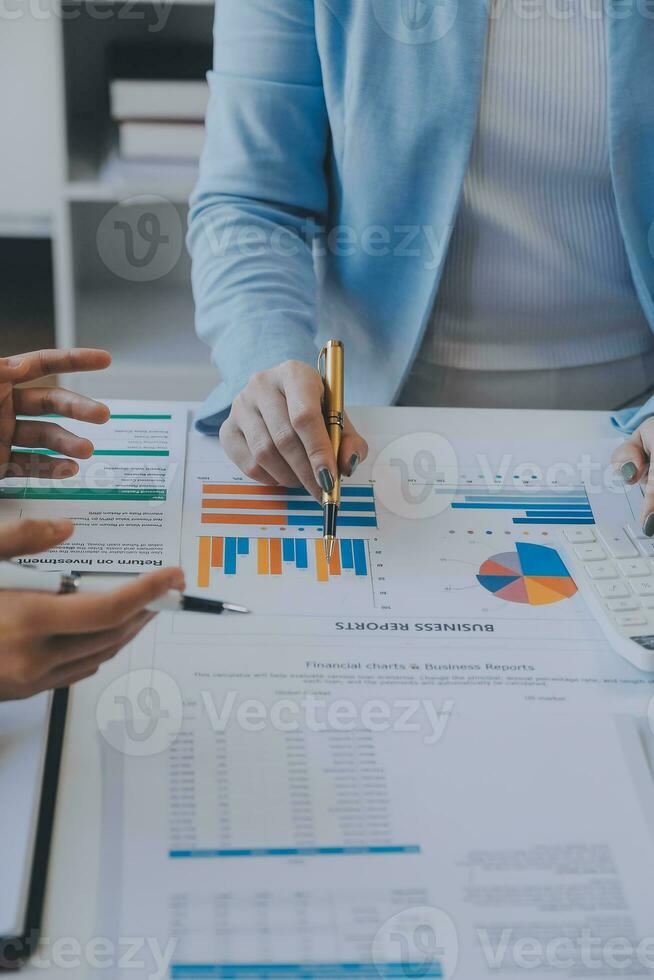 Team of business people working together in the meeting room office, teamwork background charts and graphs banner, double exposure successful teamwork,business planning concept. photo